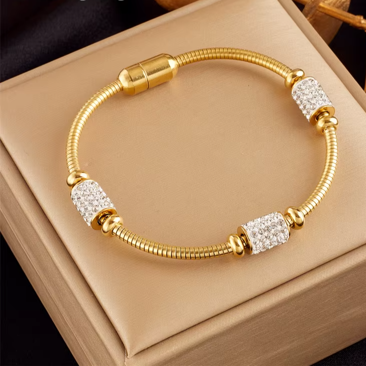 Gold Zirconia Beaded Snake Chain Bracelet | Magnetic Stainless Steel Jewelry