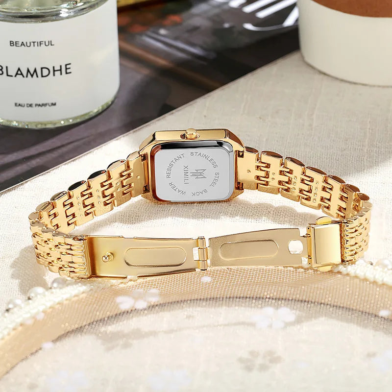 Women’s Gold Rectangle Quartz Watch | Elegant Steel Link Wristwatch