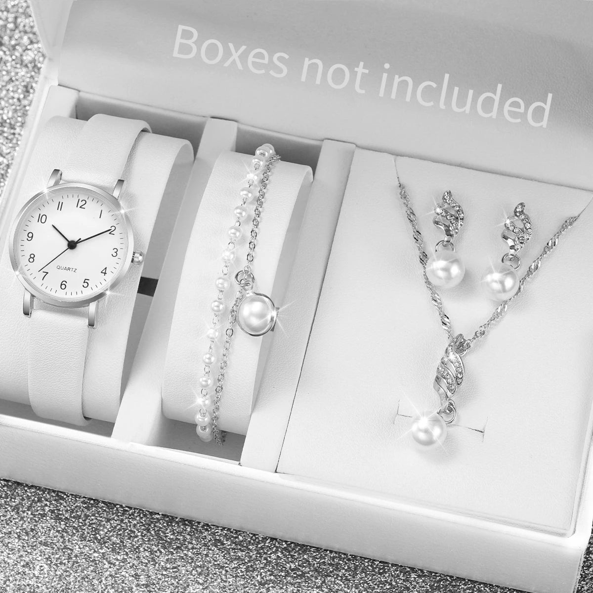 5-Piece Women's White Leather Quartz Watch & Solitaire Diamond Jewelry Set | Tennis Bracelet, Ring & Necklace