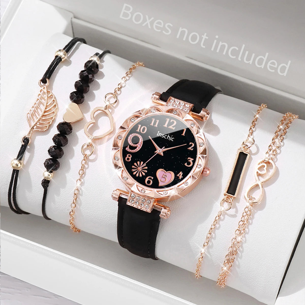6-Piece Women's Leather Strap Quartz Watch & Layered Leaf Bracelets Set