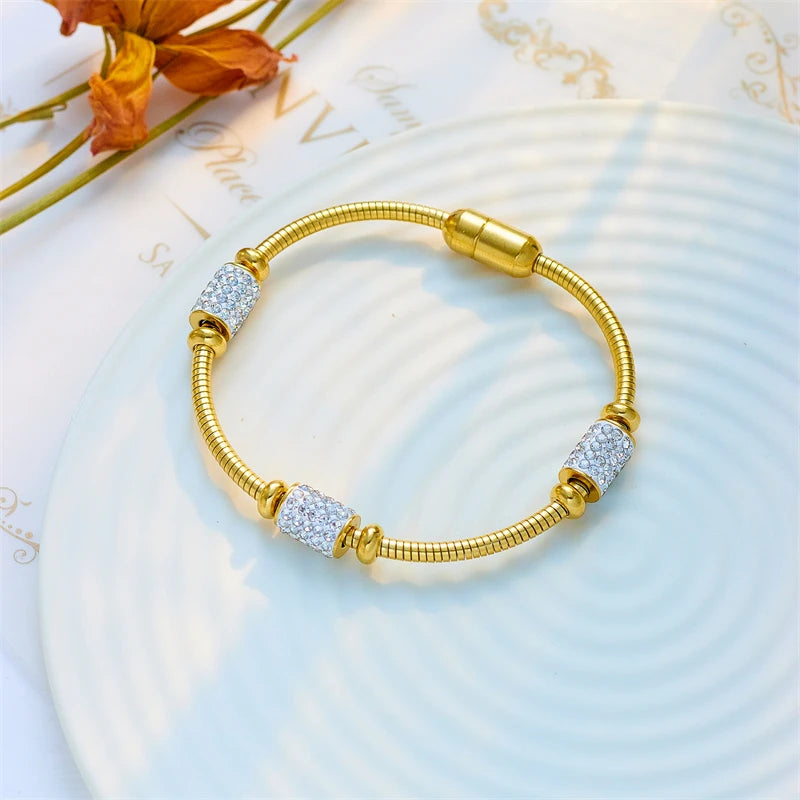 Gold Zirconia Beaded Snake Chain Bracelet | Magnetic Stainless Steel Jewelry