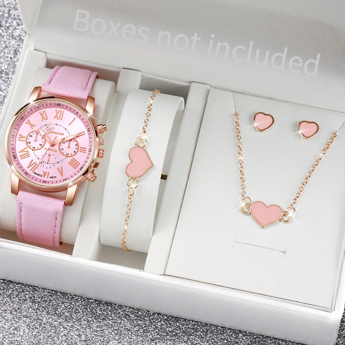 5-Piece Women's Pink Quartz Watch & Heart Jewelry Set | Leather Strap, Necklace, Ring & Earrings
