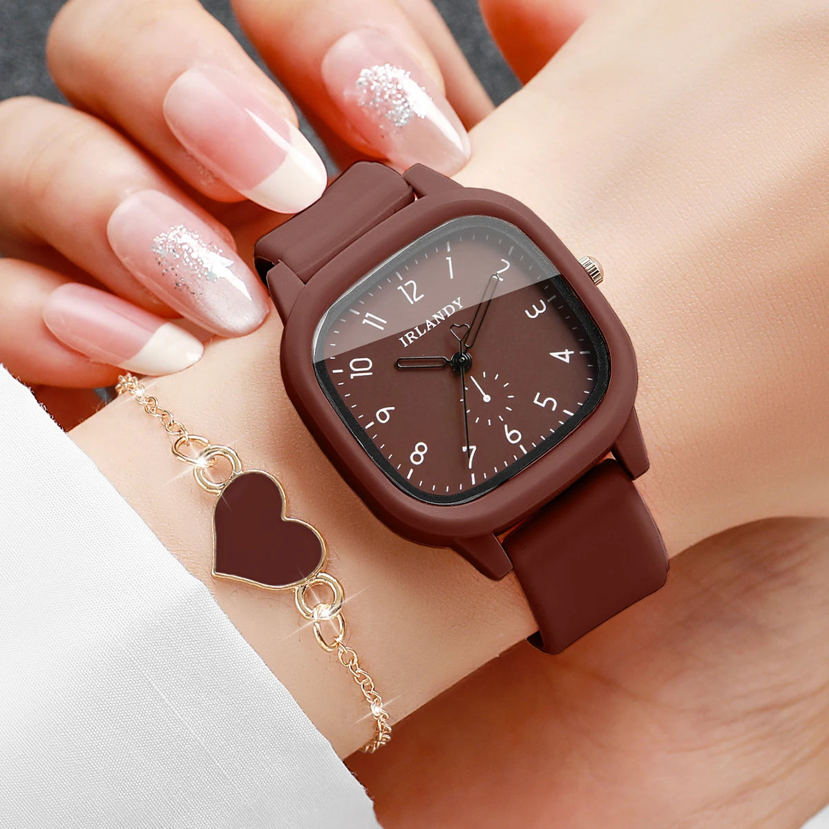 2-Pcs Women’s Square Silicone Quartz Watch & Heart Bracelet Set | Brown Dial Wristwatch (Without Box)