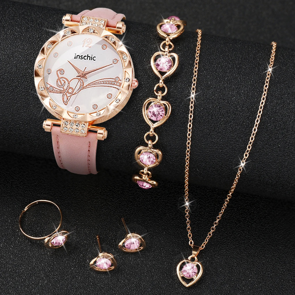 6-Piece Women’s White Quartz Watch & Crystal Heart Jewelry Set | Leather Strap Watch, Necklace, Ring & Earrings (Without Box）