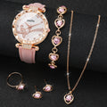 6-Piece Women’s White Quartz Watch & Crystal Heart Jewelry Set | Leather Strap Watch, Necklace, Ring & Earrings (Without Box）