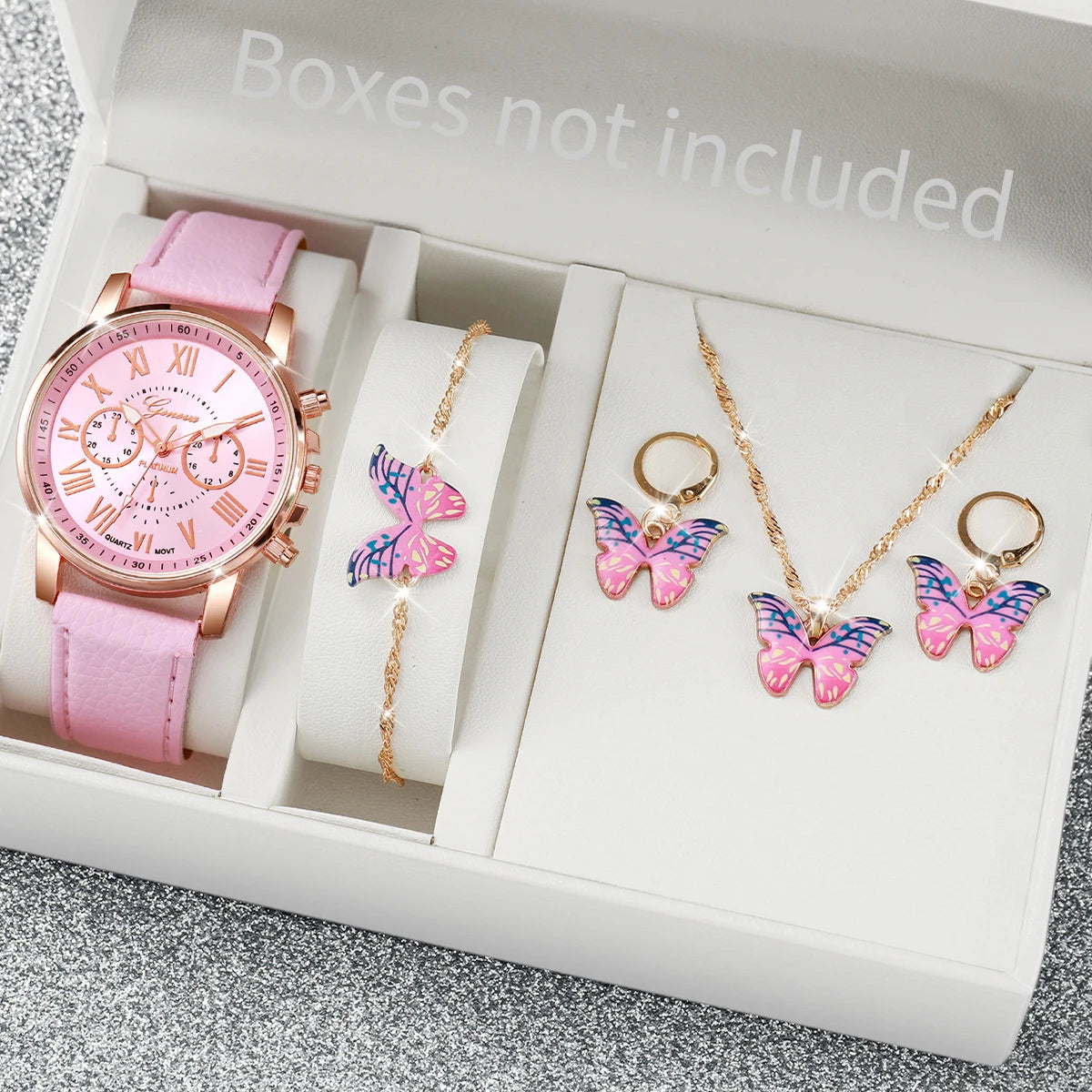 5-Piece Women's Pink Quartz Watch & Heart Jewelry Set | Leather Strap, Necklace, Ring & Earrings