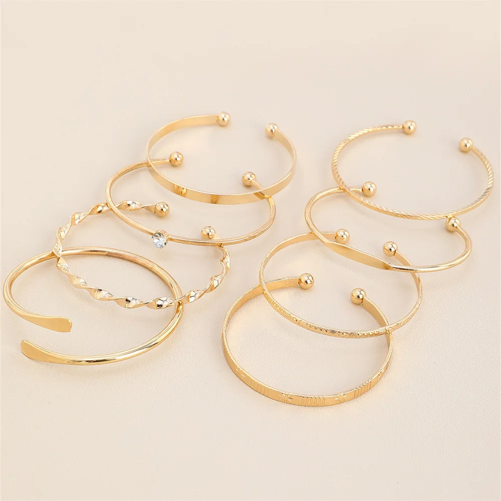 8 Piece Gold Crystal Bangle Set | Geometric & Twisted Stacking Bracelets