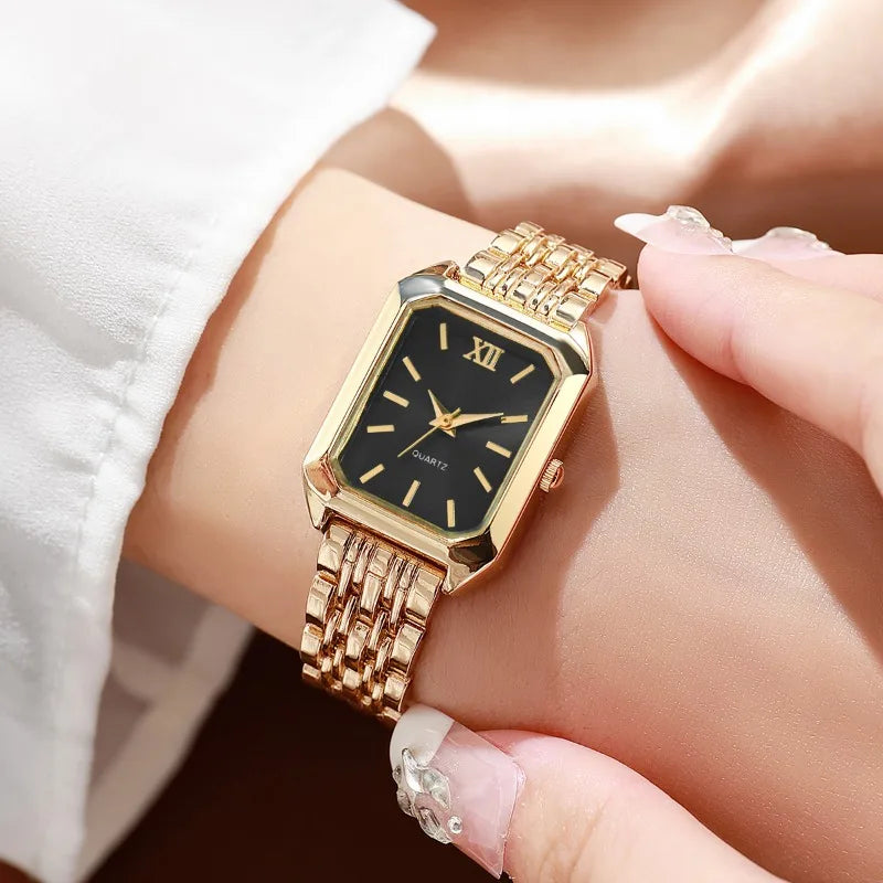 5-Piece Women’s Gold Quartz Watch & Jewelry Set | Rectangular Watch, Necklace, Ring & Earrings