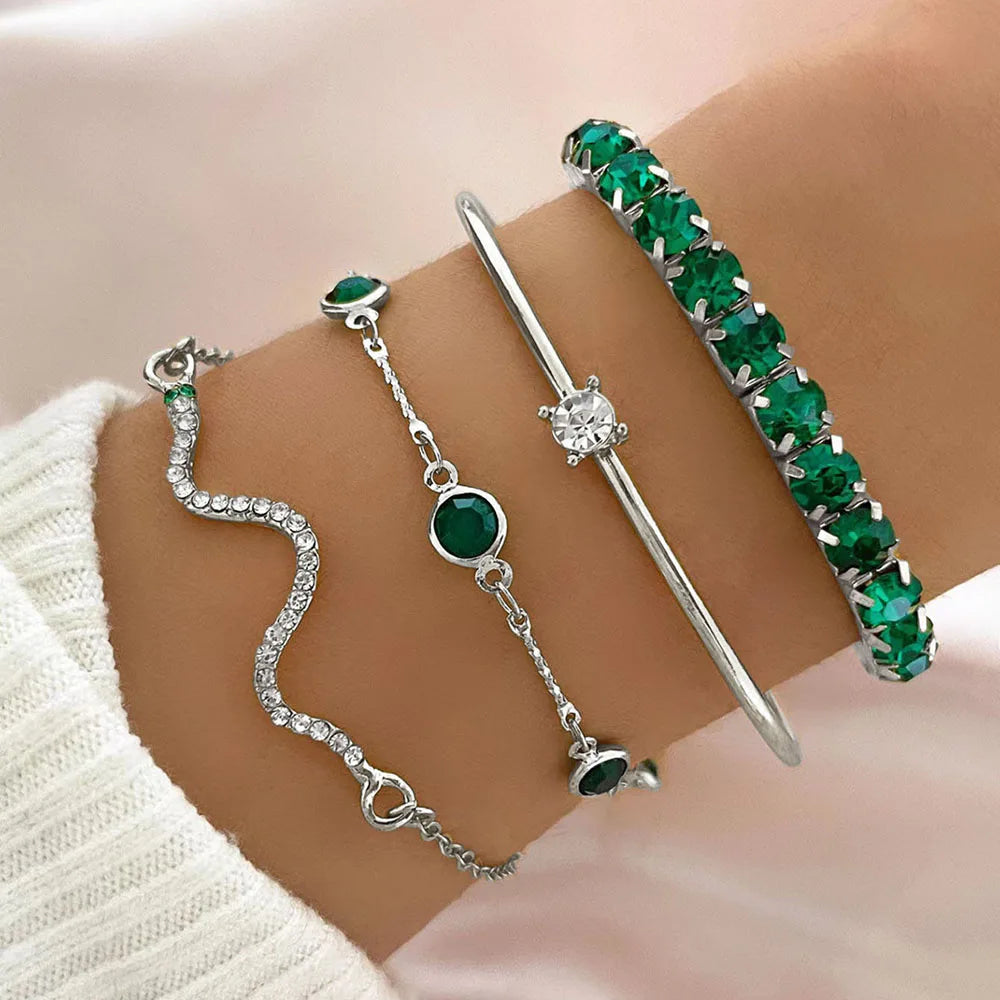 4-Piece Women’s Gold Snake & Emerald Tennis Bracelet Set | Crystal Bangle Stack