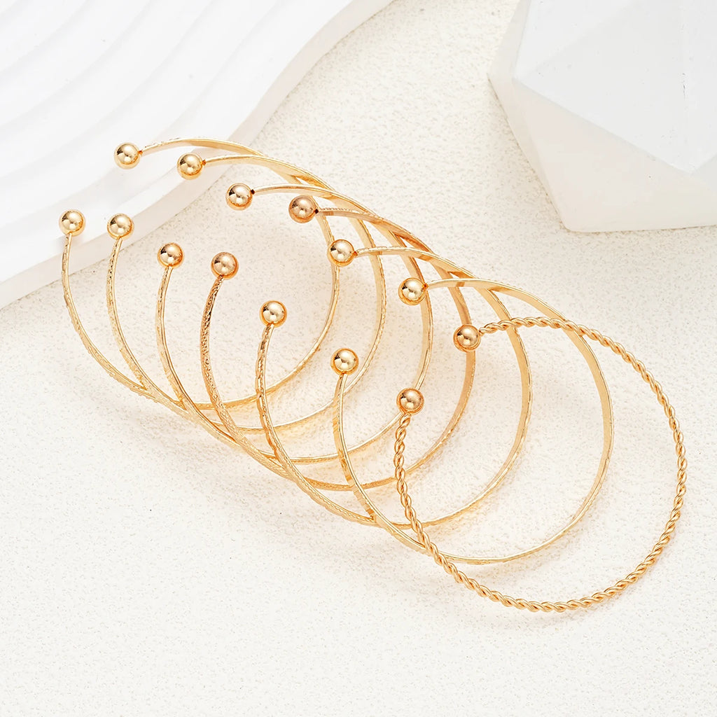 7 Piece Gold Open Bangle Set | Boho Heart Stacking Bracelets for Women