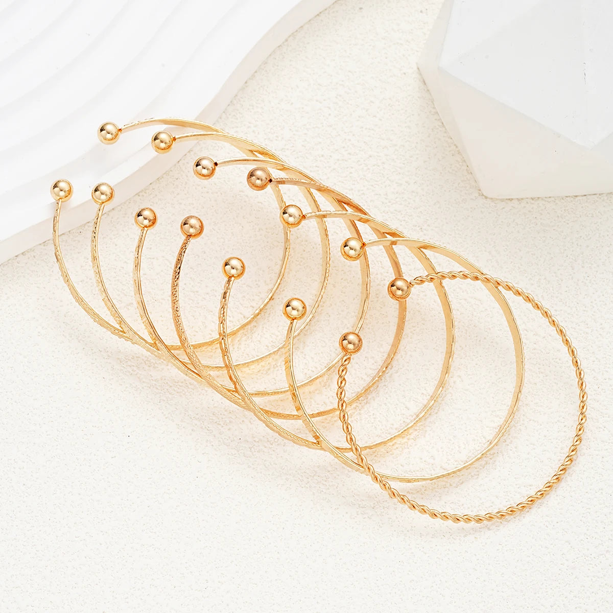7 Piece Gold Open Bangle Set | Boho Heart Stacking Bracelets for Women