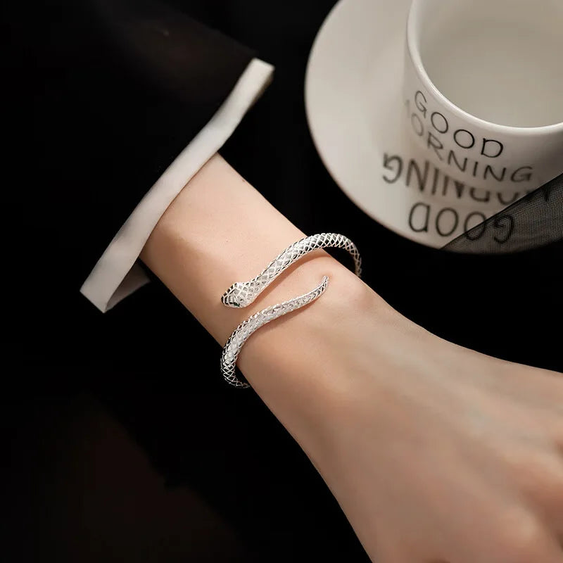 Silver Snake Cuff Bracelet | Adjustable Textured Open Bangle for Women