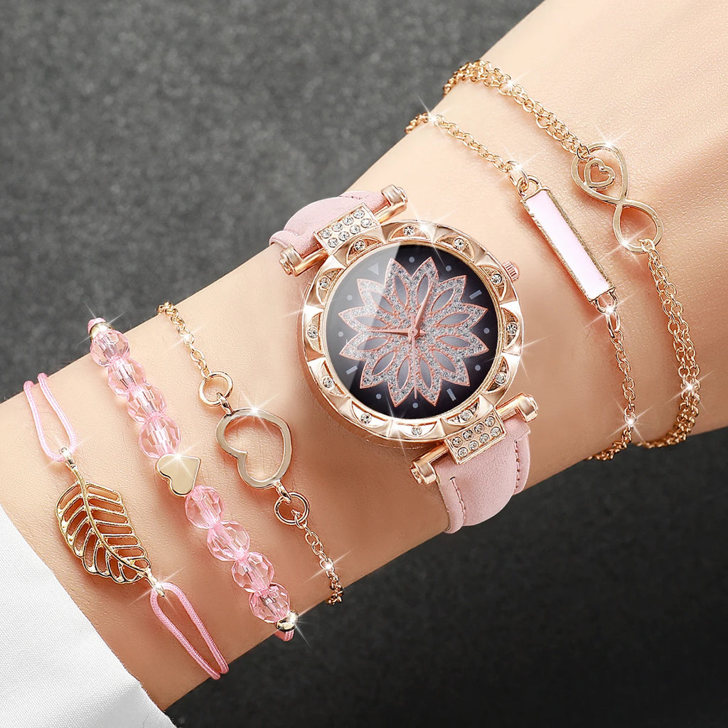 6-Piece Women’s Leather Strap Quartz Watch & Layered Leaf Bracelets Set（Without Box）
