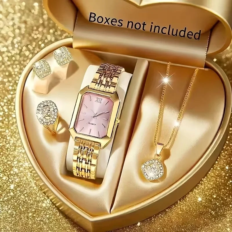 5-Piece Women’s Gold Quartz Watch & Jewelry Set | Rectangular Watch, Necklace, Ring & Earrings