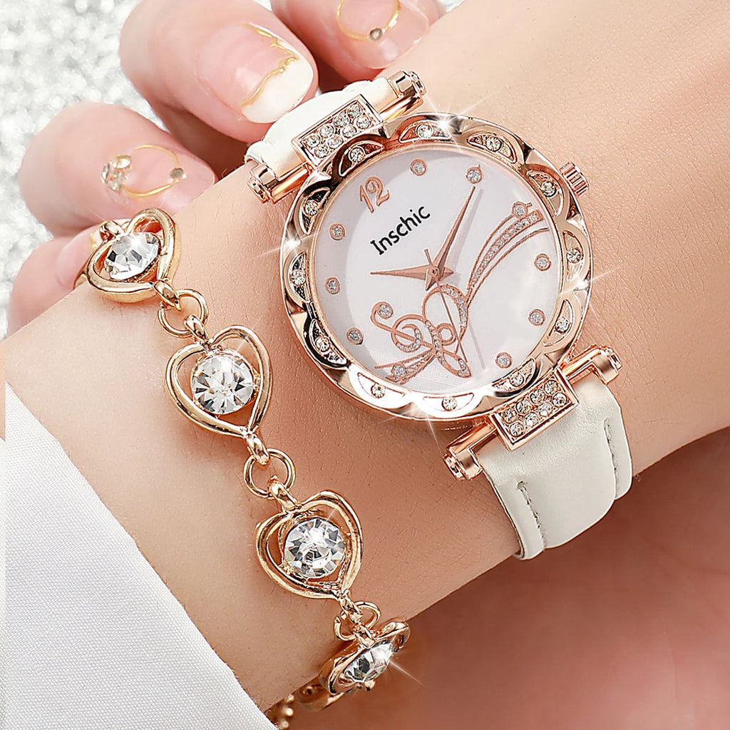 6-Piece Women’s White Quartz Watch & Crystal Heart Jewelry Set | Leather Strap Watch, Necklace, Ring & Earrings (Without Box）
