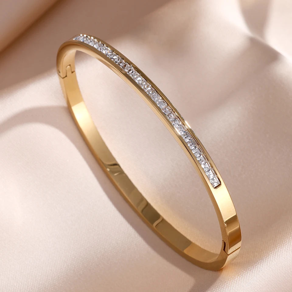 Stainless Steel Zirconia Bangle Set | Non-Fading Gold Stacking Bracelets for Women