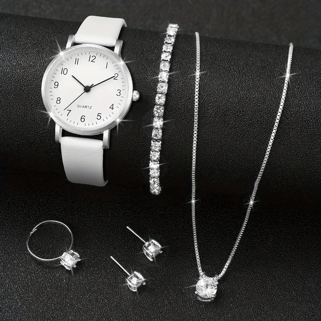 5-Piece Women’s White Leather Quartz Watch & Solitaire Diamond Jewelry Set | Tennis Bracelet, Ring & Necklace (without box)