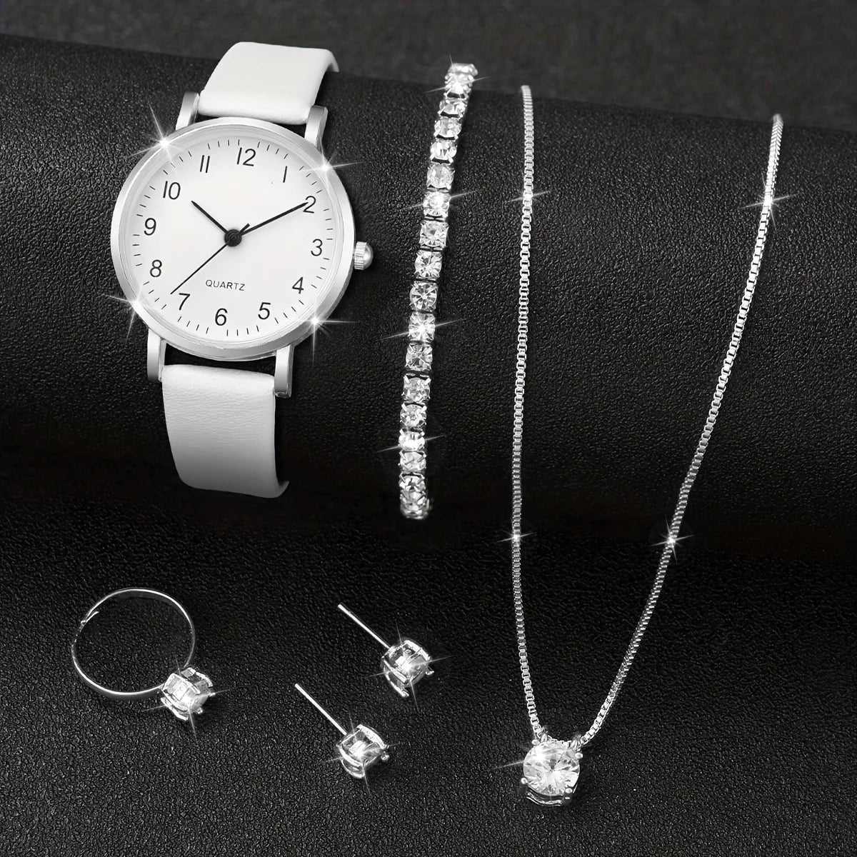 5-Piece Women’s White Leather Quartz Watch & Solitaire Diamond Jewelry Set | Tennis Bracelet, Ring & Necklace (without box)