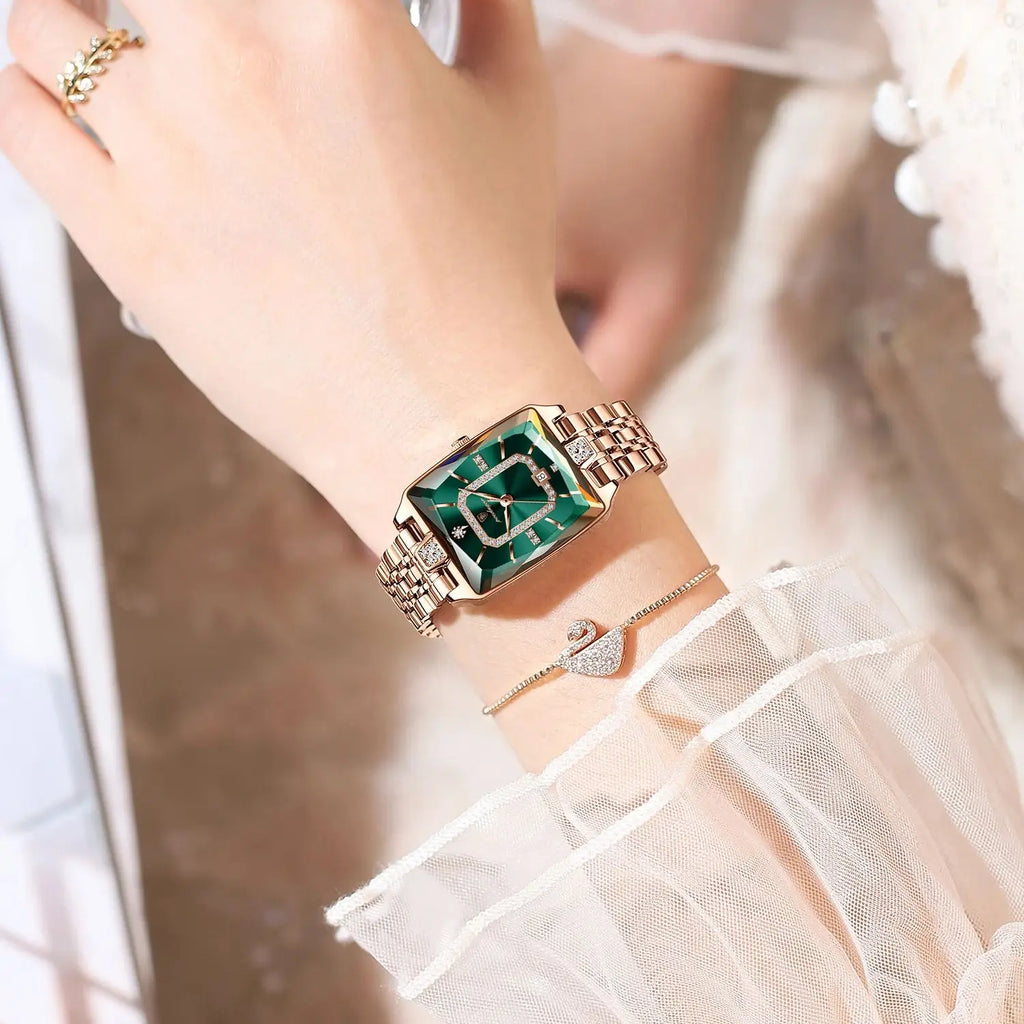 Rose Gold Square Watch | Emerald Dial Stainless Steel Quartz Wristwatch