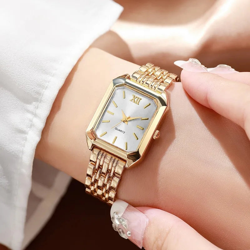 5-Piece Women’s Gold Quartz Watch & Jewelry Set | Rectangular Watch, Necklace, Ring & Earrings