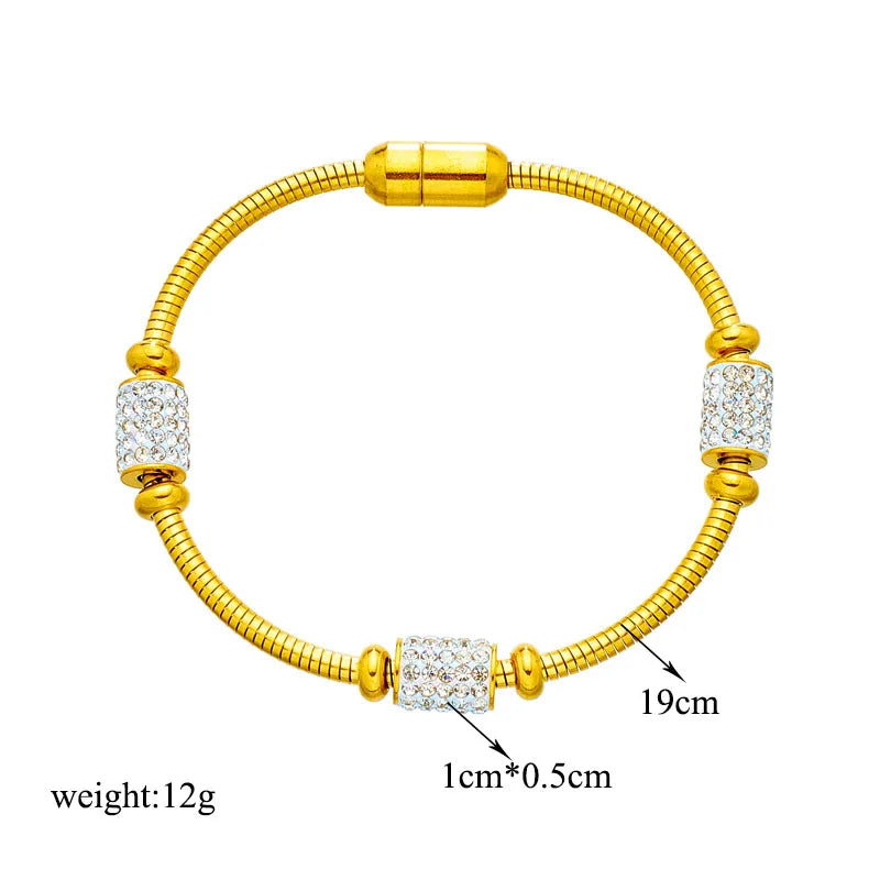 Gold Zirconia Beaded Snake Chain Bracelet | Magnetic Stainless Steel Jewelry