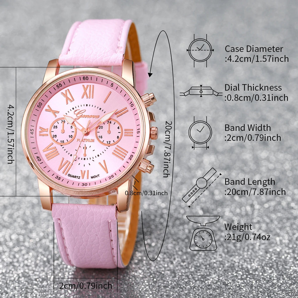 5-Piece Women’s Pink Quartz Watch & Heart Jewelry Set | Leather Strap Watch, Necklace, Ring & Earrings (Without Box)