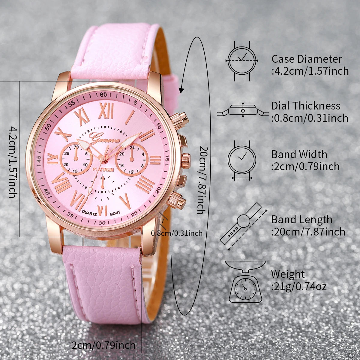 5-Piece Women’s Pink Quartz Watch & Heart Jewelry Set | Leather Strap Watch, Necklace, Ring & Earrings (Without Box)