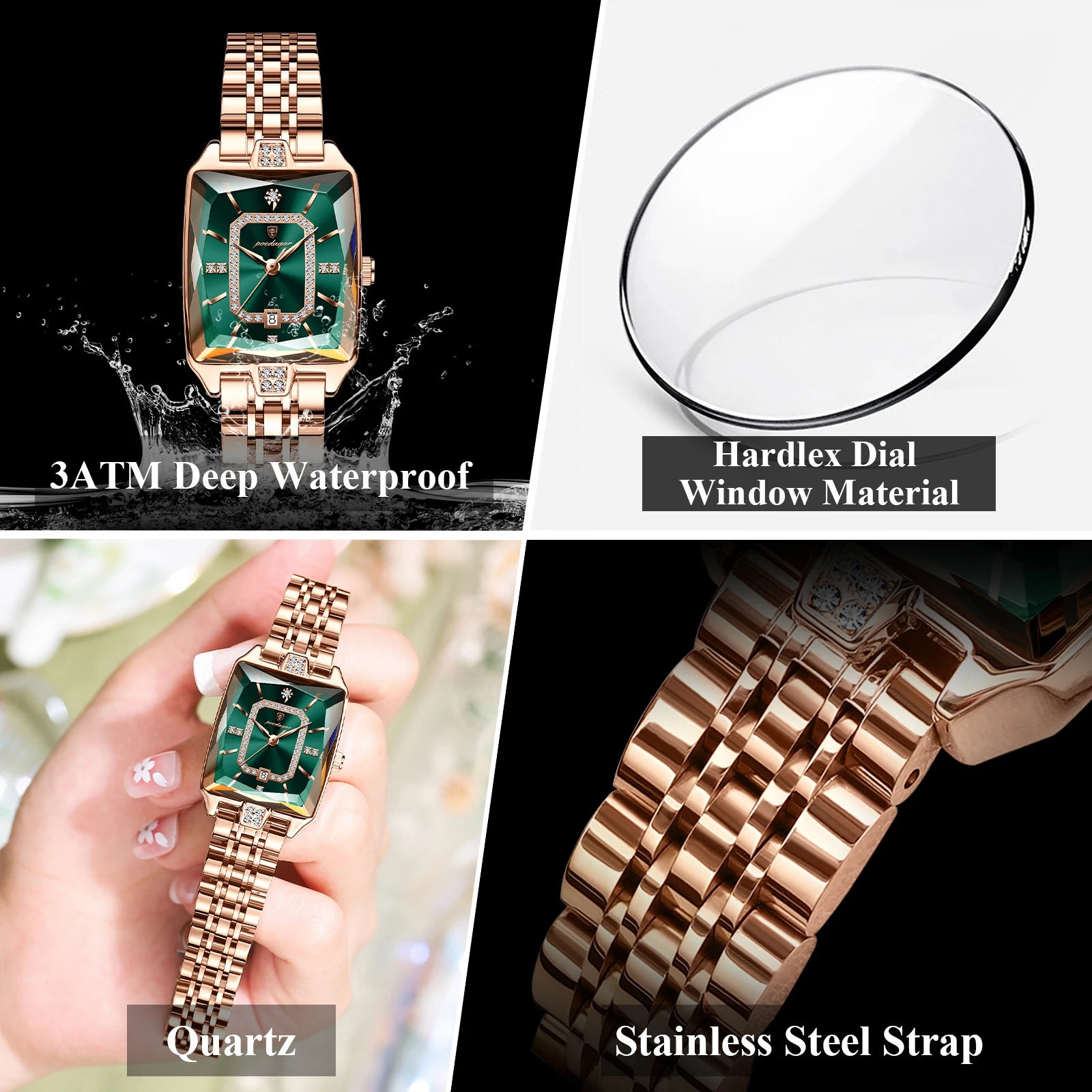 Rose Gold Square Watch | Emerald Dial Stainless Steel Quartz Wristwatch