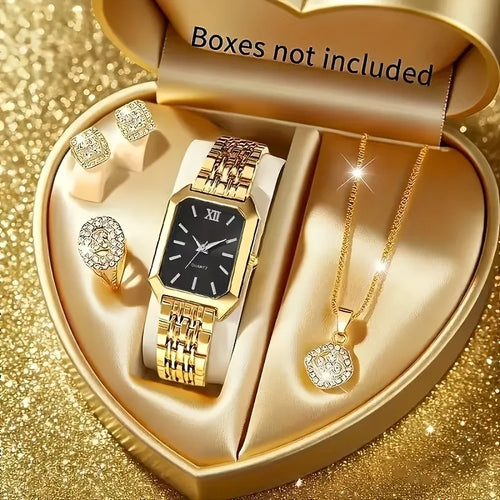 5-Piece Women’s Gold Quartz Watch & Jewelry Set | Rectangular Watch, Necklace, Ring & Earrings