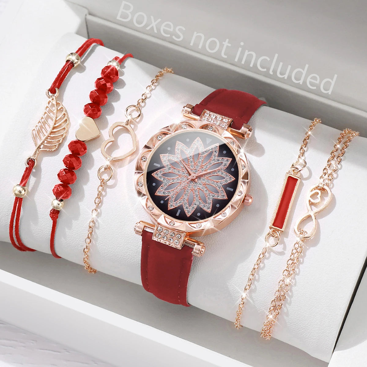 6-Piece Women's Leather Strap Quartz Watch & Layered Leaf Bracelets Set