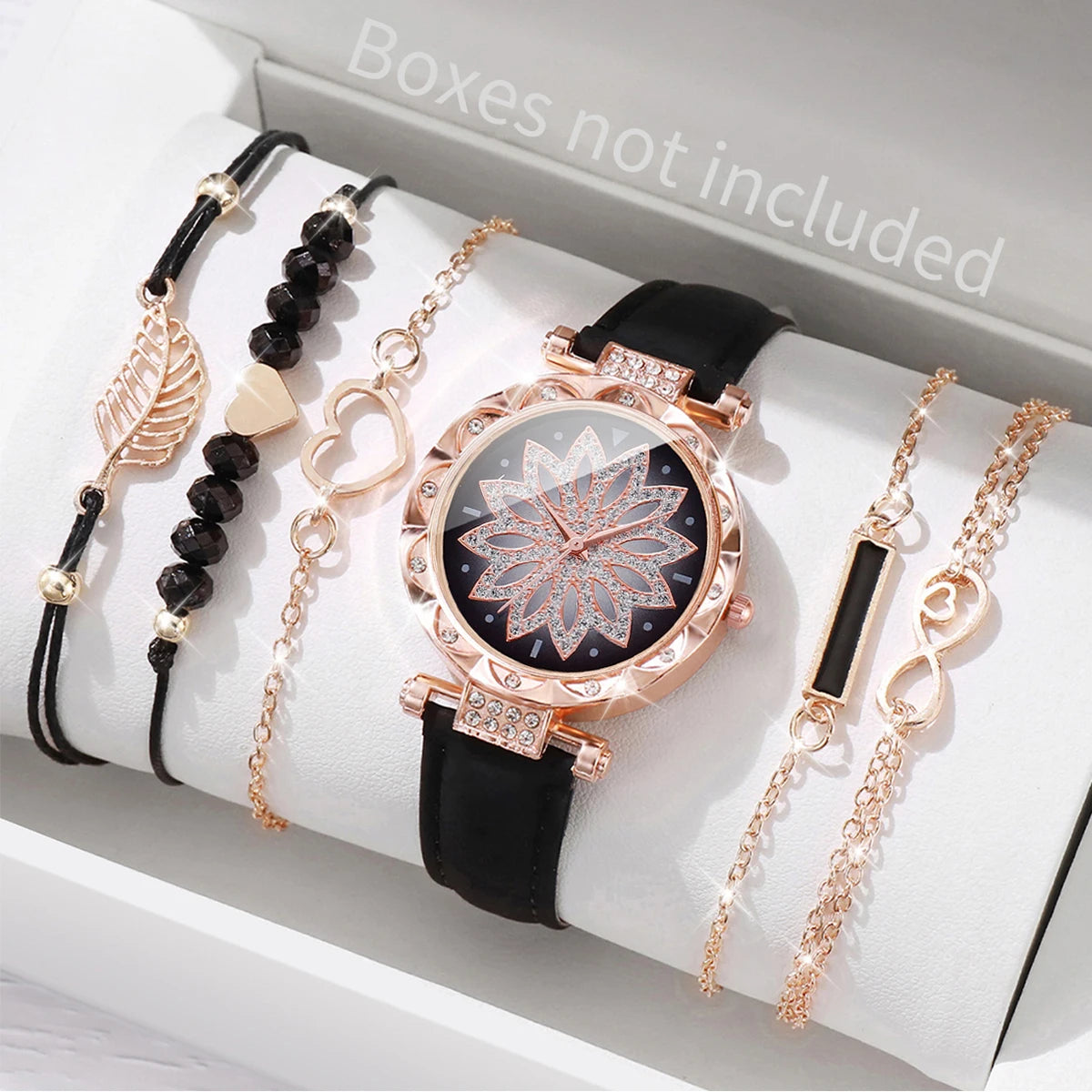 6-Piece Women's Leather Strap Quartz Watch & Layered Leaf Bracelets Set