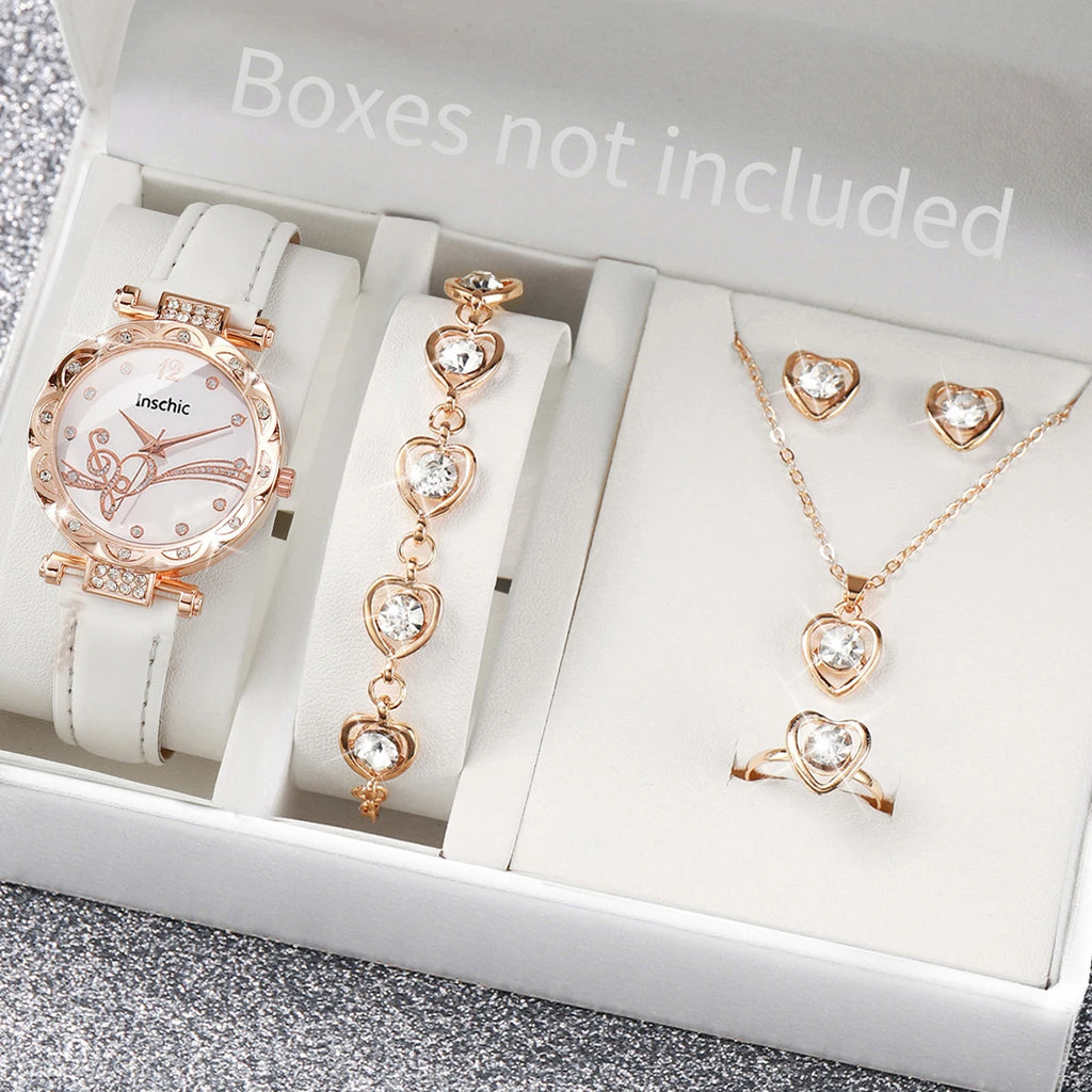 6-Piece Women’s White Quartz Watch & Crystal Heart Jewelry Set | Leather Strap Watch, Necklace, Ring & Earrings (Without Box）