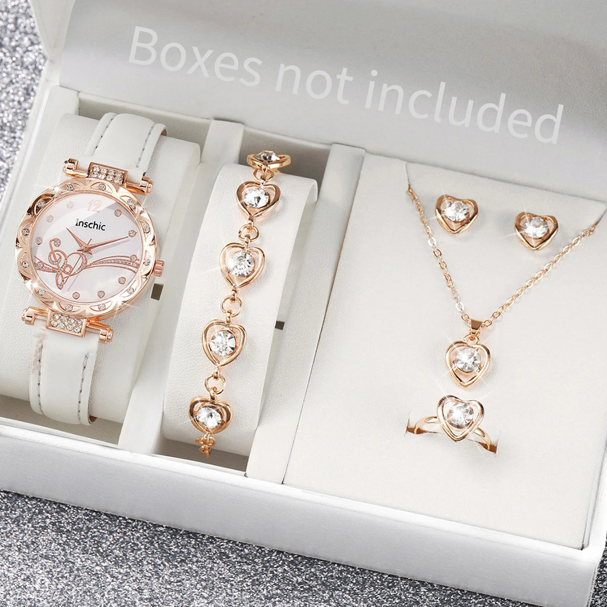 6-Piece Women’s White Quartz Watch & Crystal Heart Jewelry Set | Leather Strap Watch, Necklace, Ring & Earrings (Without Box）