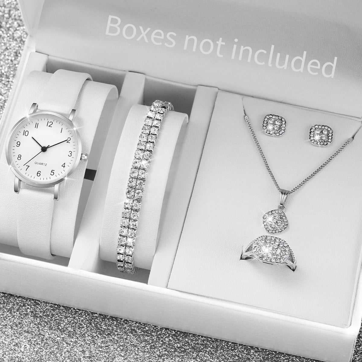 5-Piece Women's White Leather Quartz Watch & Solitaire Diamond Jewelry Set | Tennis Bracelet, Ring & Necklace