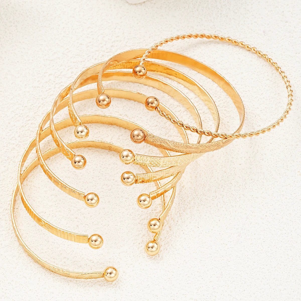 7 Piece Gold Open Bangle Set | Boho Heart Stacking Bracelets for Women