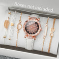6-Piece Women’s Leather Strap Quartz Watch & Layered Leaf Bracelets Set（Without Box）