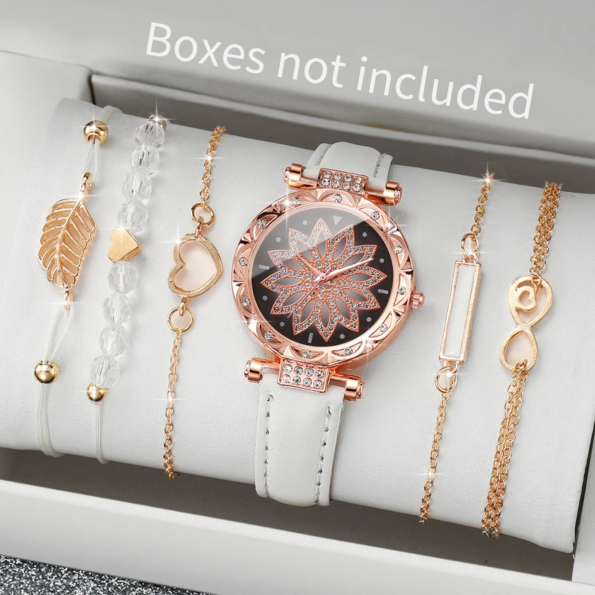 6-Piece Women’s Leather Strap Quartz Watch & Layered Leaf Bracelets Set（Without Box）
