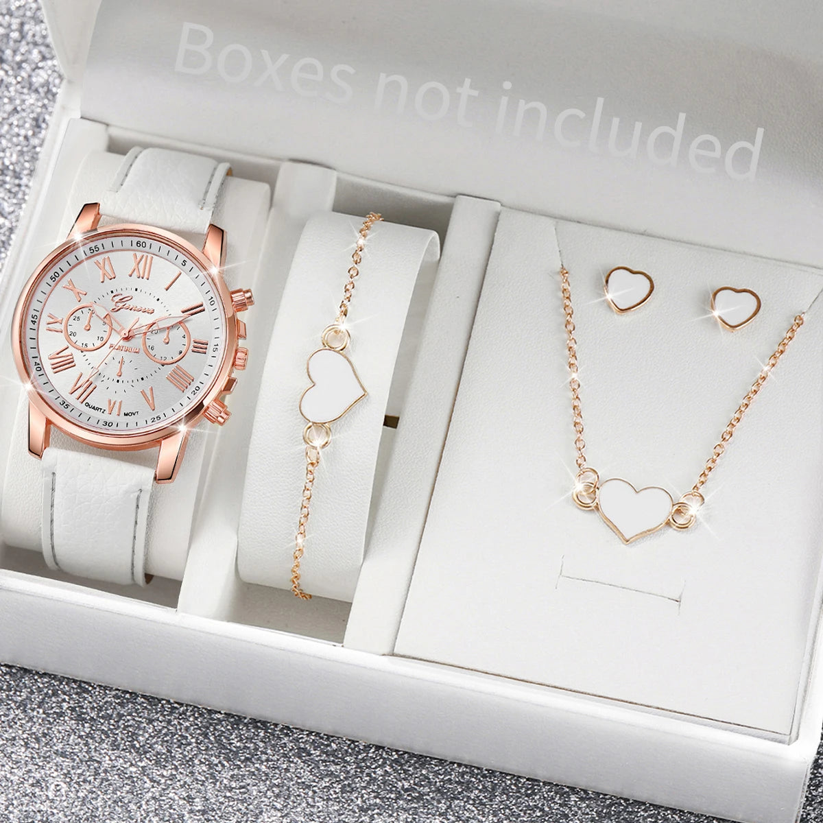 5-Piece Women's Pink Quartz Watch & Heart Jewelry Set | Leather Strap, Necklace, Ring & Earrings