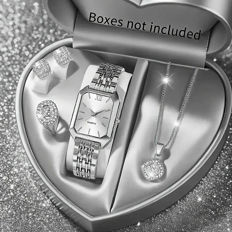 5-Piece Women’s Gold Quartz Watch & Jewelry Set | Rectangular Watch, Necklace, Ring & Earrings