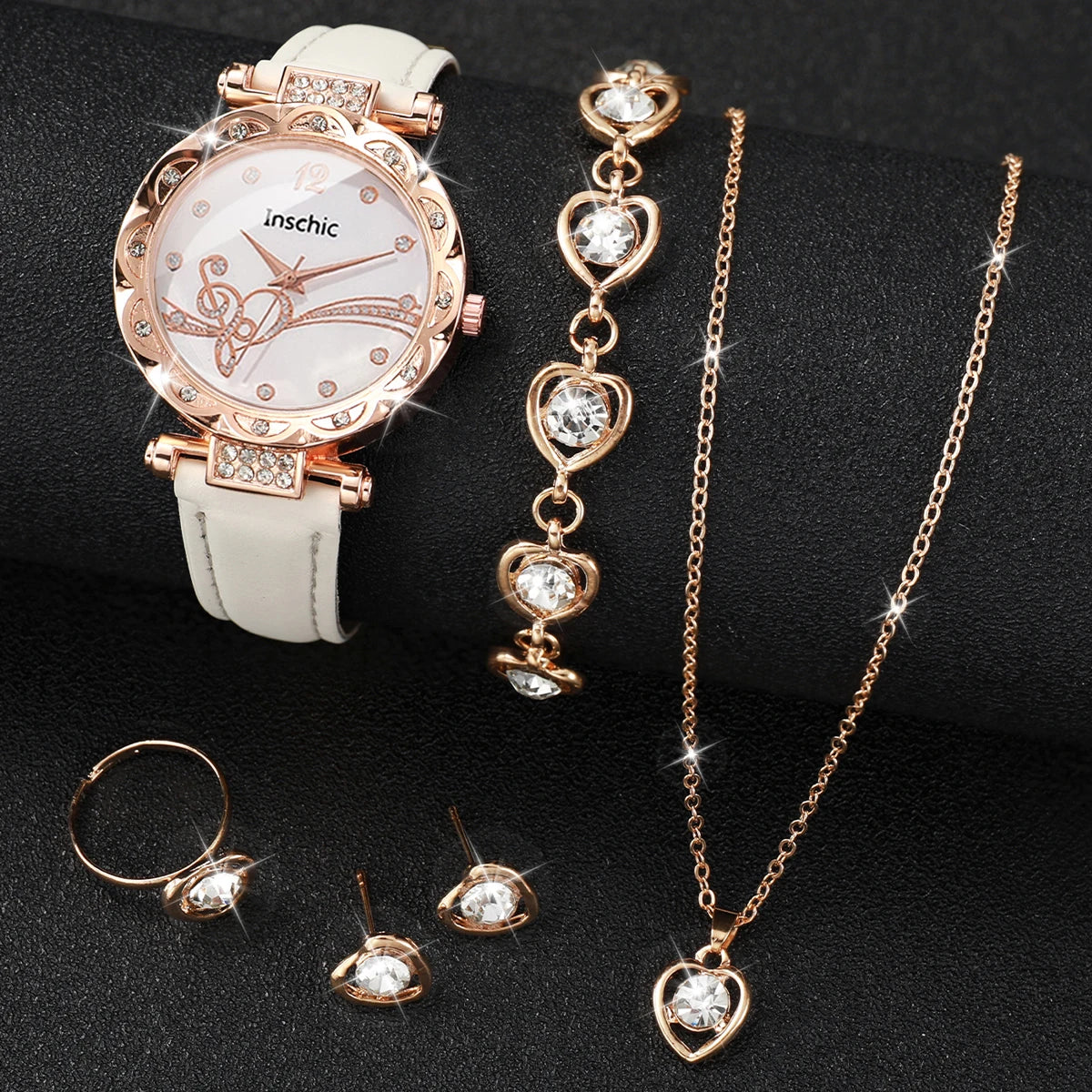 6-Piece Women’s White Quartz Watch & Crystal Heart Jewelry Set | Leather Strap Watch, Necklace, Ring & Earrings (Without Box）