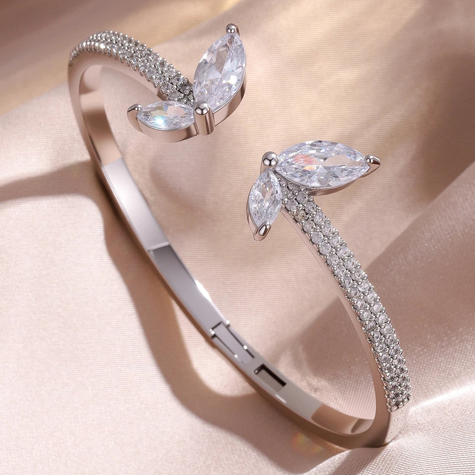 Women’s Gold Geometric Open Cuff Bangle | Teardrop & Rectangle Cubic Zirconia Bracelet