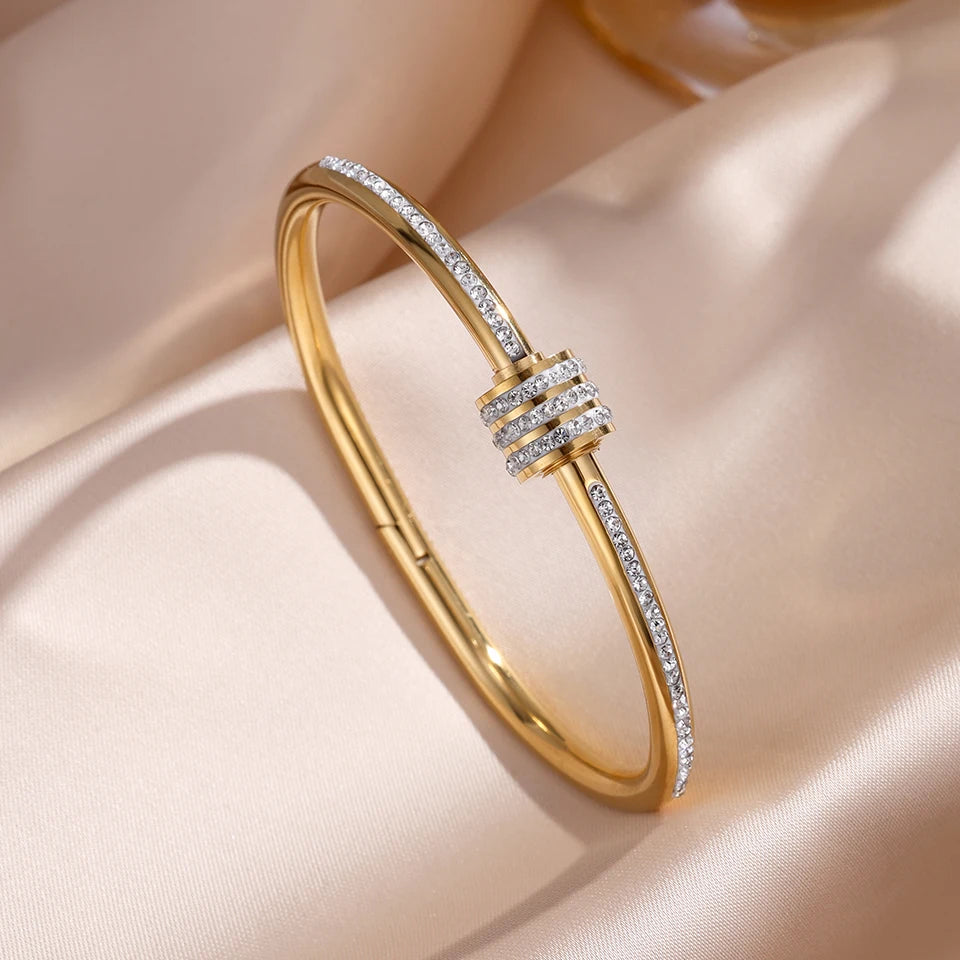 Stainless Steel Zirconia Bangle Set | Non-Fading Gold Stacking Bracelets for Women