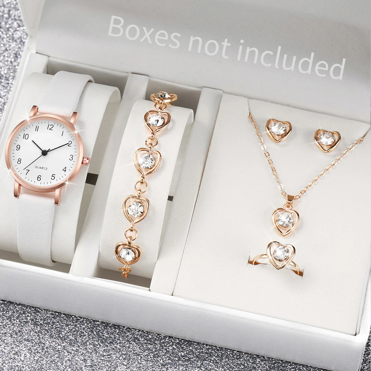 5-Piece Women's White Leather Quartz Watch & Solitaire Diamond Jewelry Set | Tennis Bracelet, Ring & Necklace