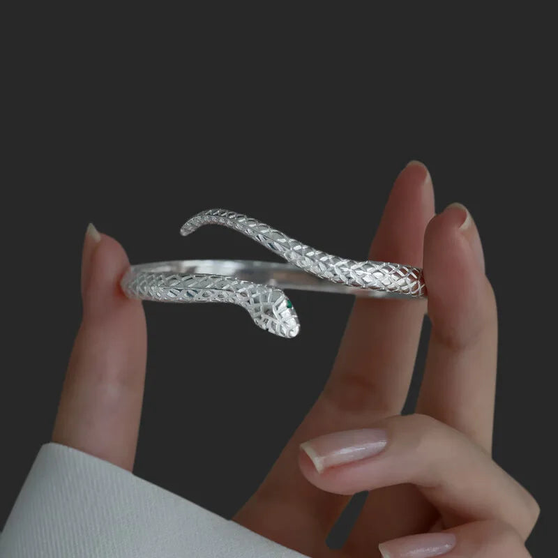 Silver Snake Cuff Bracelet | Adjustable Textured Open Bangle for Women