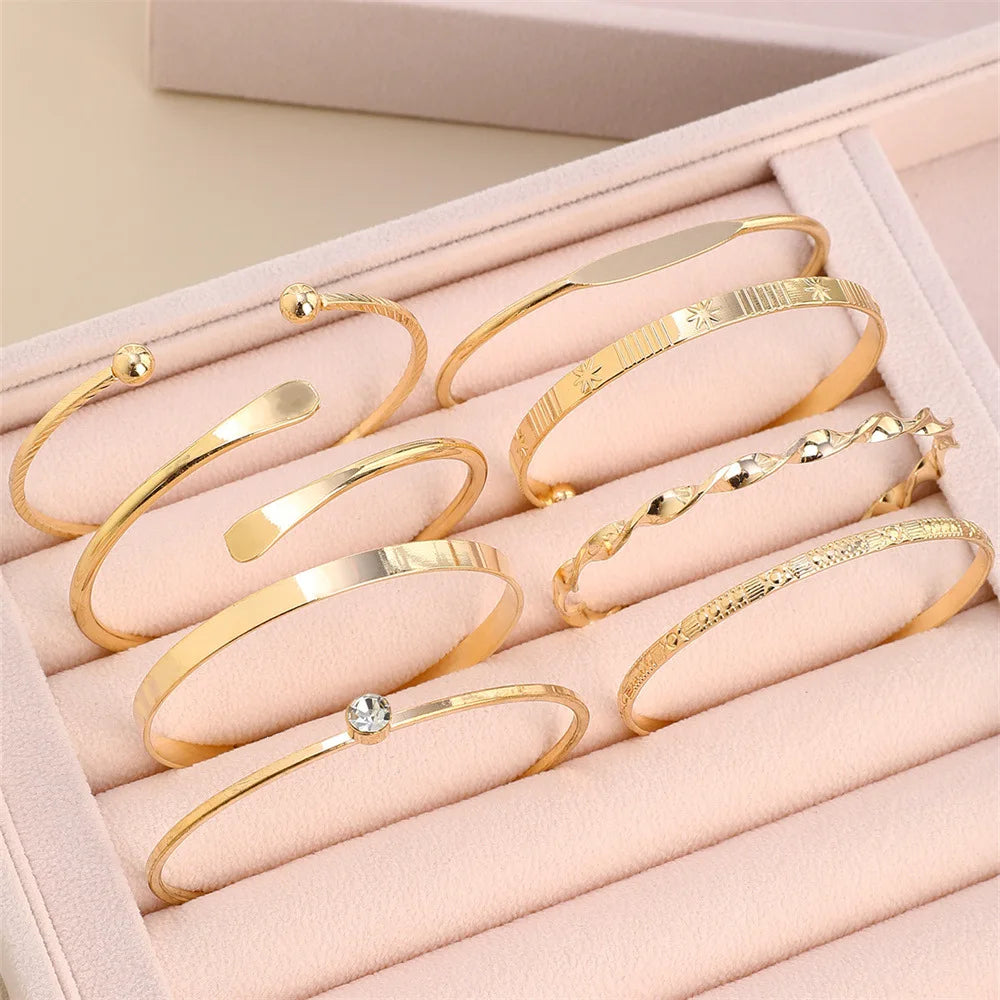 8 Piece Gold Crystal Bangle Set | Geometric & Twisted Stacking Bracelets