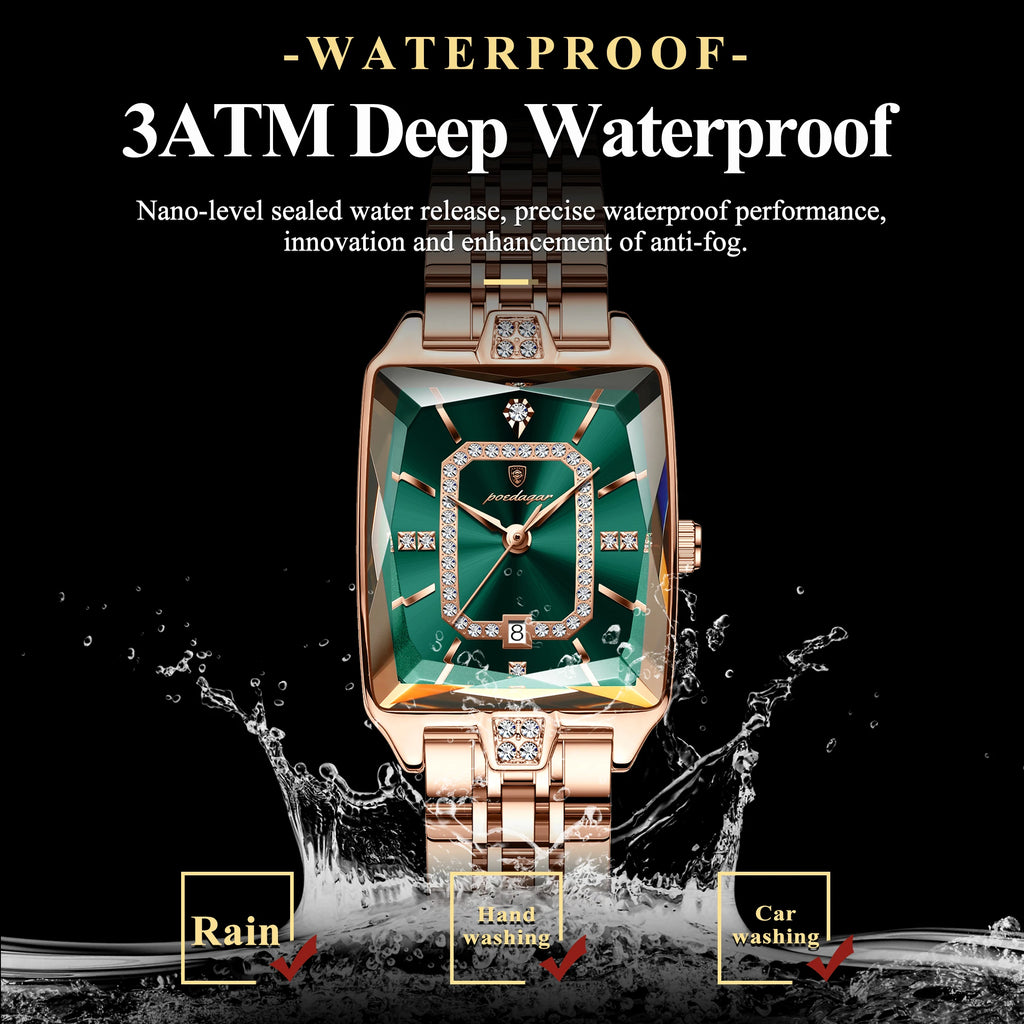 Rose Gold Square Watch | Emerald Dial Stainless Steel Quartz Wristwatch