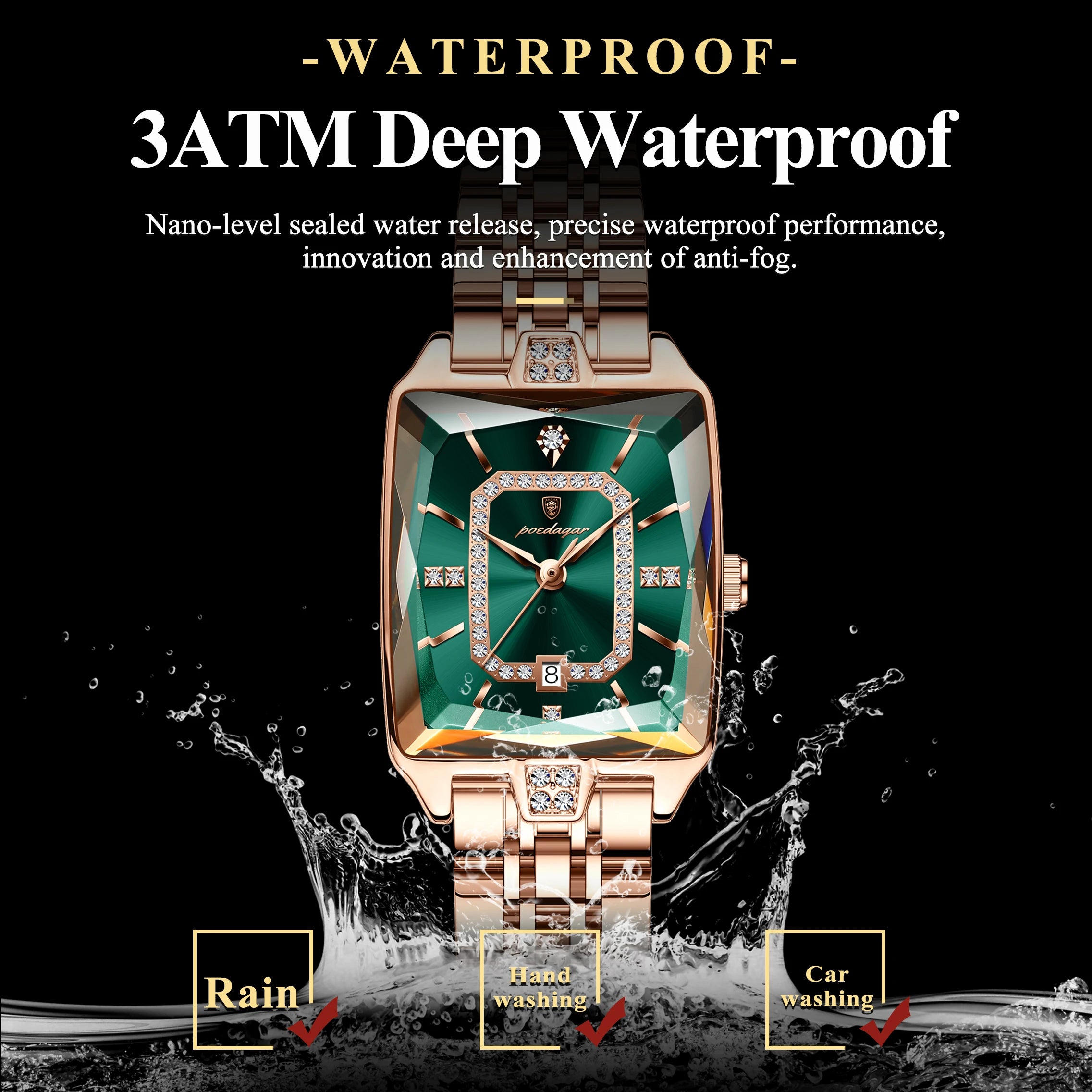 Rose Gold Square Watch | Emerald Dial Stainless Steel Quartz Wristwatch