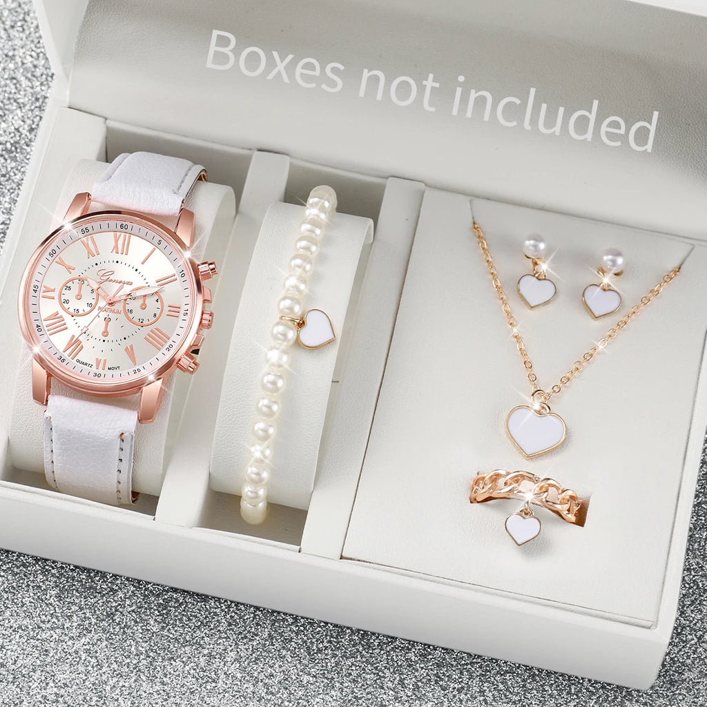 5-Piece Women’s Pink Quartz Watch & Heart Jewelry Set | Leather Strap Watch, Necklace, Ring & Earrings (Without Box)
