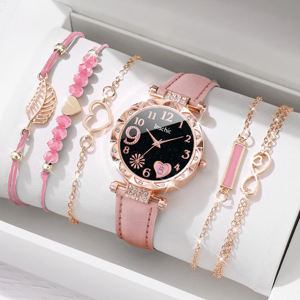 6-Piece Women’s Leather Strap Quartz Watch & Layered Leaf Bracelets Set（Without Box）