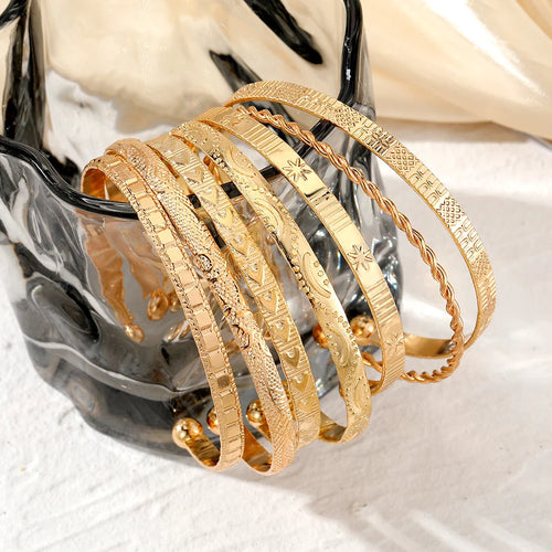7 Piece Gold Open Bangle Set | Boho Heart Stacking Bracelets for Women